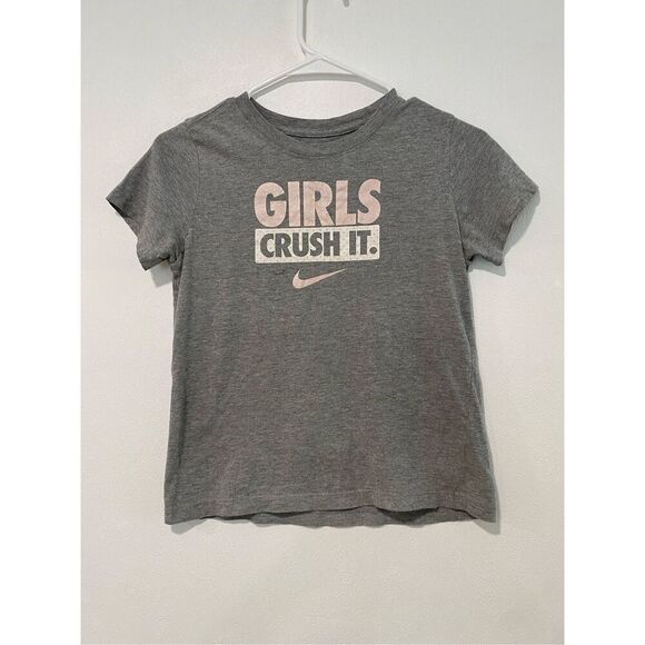 Nike Girls “Crush It” Graphic Tee Size M | Gray Pink Slogan Shirt - Picture 1 of 5